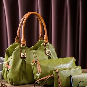 Green Leather Handbag Set
